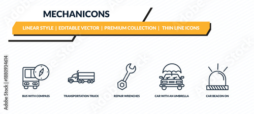 mechanicons icons set - bus with compass, transportation truck, repair wrenches, car with an umbrella, car beacon on outline vector collection.