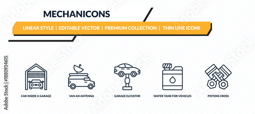 mechanicons icons set - car inside a garage, van an antenna, garage elevator, water tank for vehicles, pistons cross outline vector collection.