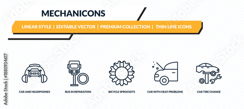 mechanicons icons set - car and headphones, bus in reparation, bicycle sprockets, car with heat problems, car tire change outline vector collection.