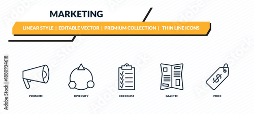 marketing icons set - promote, diversify, checklist, gazette, price outline vector collection.