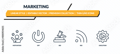 marketing icons set - motivation, off, bid, rss, execution outline vector collection.