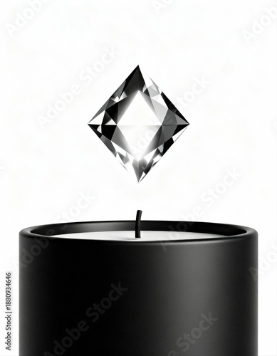 Floating Diamond Crystal Above a Black Candle on White Background