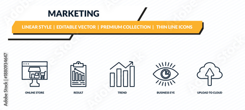marketing icons set - online store, result, trend, business eye, upload to cloud outline vector collection.