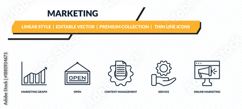 marketing icons set - marketing graph, open, content management, service, online marketing outline vector collection.