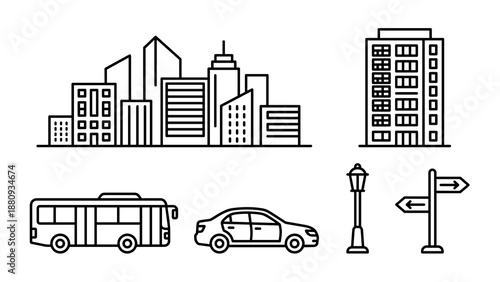 Stylized black and white illustration depicts an urban cityscape with various elements including buildings a bus a car a lamppost and a directional sign.