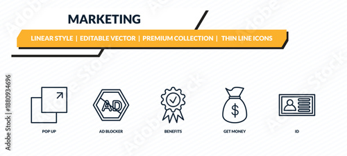 marketing icons set - pop up, ad blocker, benefits, get money, id outline vector collection.