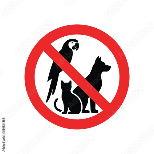 No pets allowed a prohibition sign featuring a cat dog and parrot