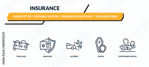 insurance icons set - total loss, bank safe, accident, coffin, overturned vehicle outline vector collection.