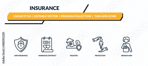 insurance icons set - ship insurance, marriage contract, disaster, protection, broken arm outline vector collection.