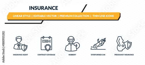 insurance icons set - insurance agent, contract coverage, robbery, overturned car, pregnancy insurance outline vector collection.
