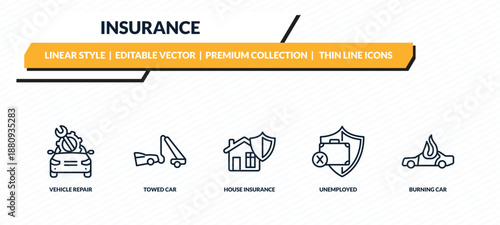 insurance icons set - vehicle repair, towed car, house insurance, unemployed, burning car outline vector collection.