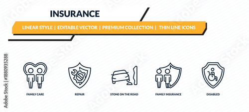 insurance icons set - family care, repair, stone on the road, family insurance, disabled outline vector collection.