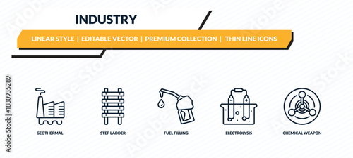 industry icons set - geothermal, step ladder, fuel filling, electrolysis, chemical weapon outline vector collection.