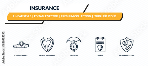 insurance icons set - car insurance, dental insurance, finances, license, problem electric outline vector collection.