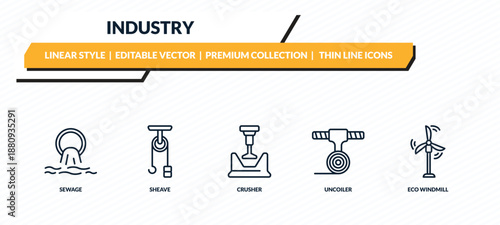 industry icons set - sewage, sheave, crusher, uncoiler, eco windmill outline vector collection.
