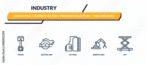 industry icons set - piston, electric saw, oil tank, robotic arm,, lift outline vector collection.