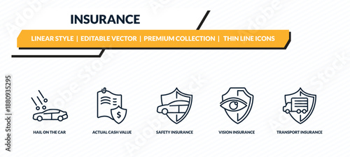 insurance icons set - hail on the car, actual cash value, safety insurance, vision insurance, transport outline vector collection.