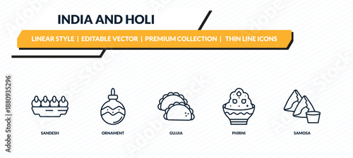 india and holi icons set - sandesh, ornament, gujjia, phirni, samosa outline vector collection.