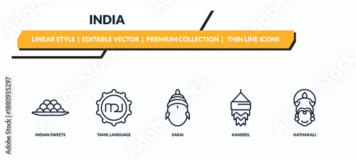 india icons set - indian sweets, tamil language, sarai, kandeel, kathakali outline vector collection.