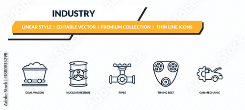 industry icons set - coal wagon, nuclear residue, pipes, timing belt, car mechanic outline vector collection.