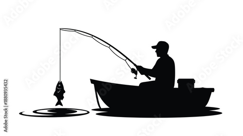 A solitary fisherman in a boat catching a fish a striking silhouette