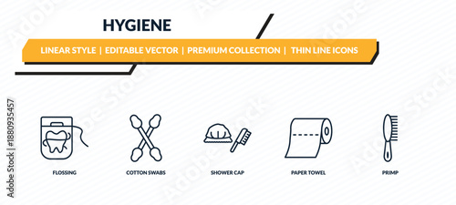 hygiene icons set - flossing, cotton swabs, shower cap, paper towel, primp outline vector collection.