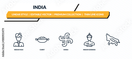 india icons set - indian man, curry, hindu, indian goddess, outline vector collection.