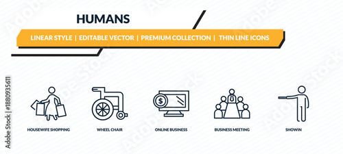 humans icons set - housewife shopping, wheel chair, online business, business meeting, showin outline vector collection.