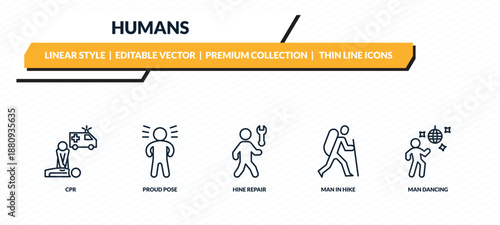 humans icons set - cpr, proud pose, hine repair, man in hike, man dancing outline vector collection.