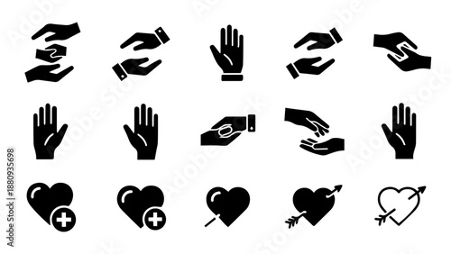 Collection of hand and heart symbols isolated on white background, Vector