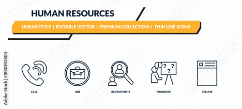 human resources icons set - call, job, recruitment, problems, resume outline vector collection.