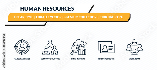 human resources icons set - target audience, company structure, benchmarking, personal profile, work team outline vector collection.