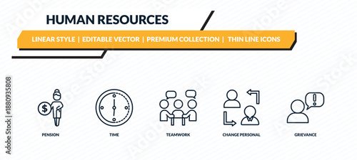 human resources icons set - pension, time, teamwork, change personal, grievance outline vector collection.