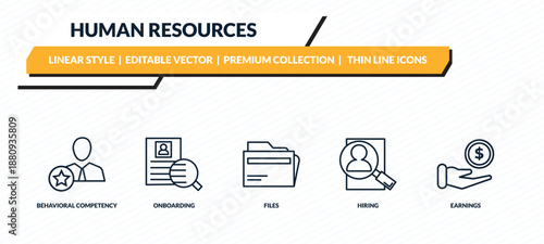 human resources icons set - behavioral competency, onboarding, files, hiring, earnings outline vector collection.