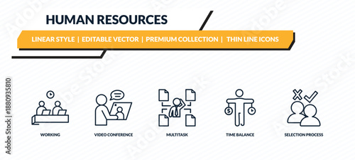 human resources icons set - working, video conference, multitask, time balance, selection process outline vector collection.