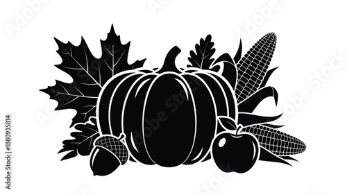 Autumn harvest arrangement with pumpkin leaves and fruit silhouette