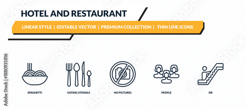 hotel and restaurant icons set - spaghetti, eating utensils, no pictures, people, or outline vector collection.
