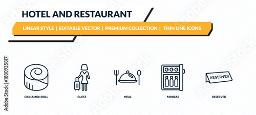 hotel and restaurant icons set - cinnamon roll, guest, meal, minibar, reserved outline vector collection.
