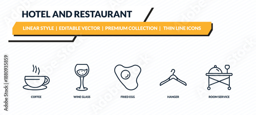 hotel and restaurant icons set - coffee, wine glass, fried egg, hanger, room service outline vector collection.