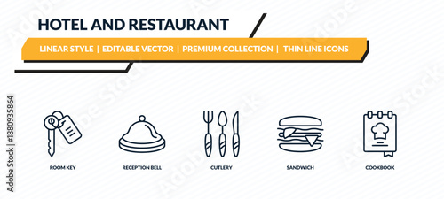 hotel and restaurant icons set - room key, reception bell, cutlery, sandwich, cookbook outline vector collection.