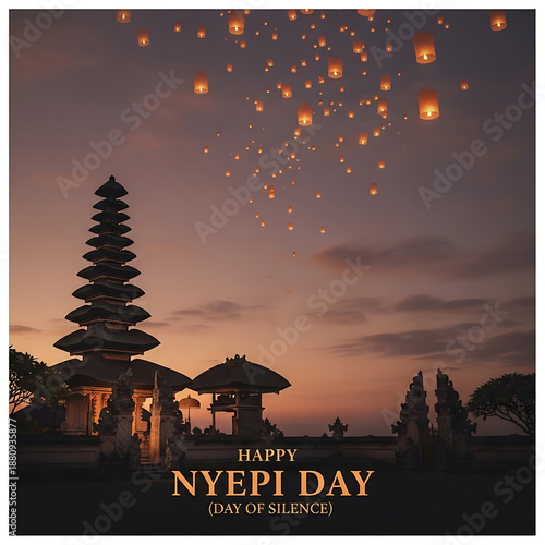 Enchanting dusk scene at a traditional Indonesian temple, illuminated by countless floating lanterns, marking a sacred day of reflection