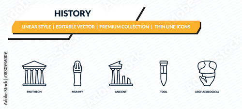 history icons set - pantheon, mummy, ancient, tool, archaeological outline vector collection.