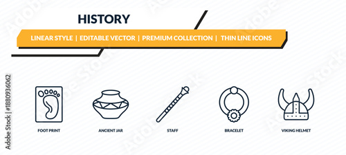 history icons set - foot print, ancient jar, staff, bracelet, viking helmet outline vector collection.