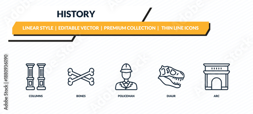 history icons set - columns, bones, policeman, diaur, arc outline vector collection.