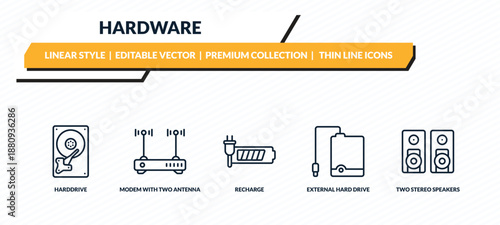 hardware icons set - harddrive, modem with two antenna, recharge, external hard drive, two stereo speakers outline vector collection.