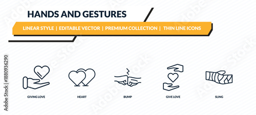 hands and gestures icons set - giving love, heart, bump, give love, sling outline vector collection.