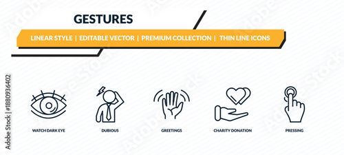 gestures icons set - watch dark eye, dubious, greetings, charity donation, pressing outline vector collection.