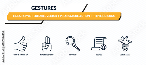 gestures icons set - thumb finger up, two fingers up, look up, decree, joker face outline vector collection.