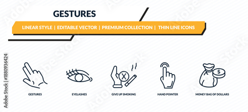 gestures icons set - gestures, eyelashes, give up smoking, hand pointer, money bag of dollars outline vector collection.