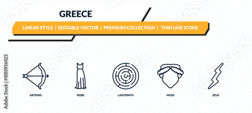 greece icons set - artemis, robe, labyrinth, muse, zeus outline vector collection.